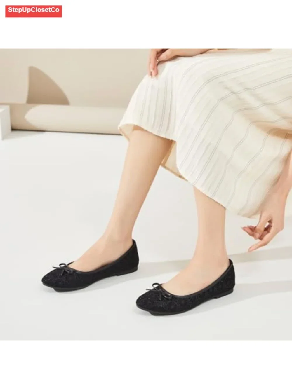 Womens Black Ballet Flats Shoes Point Toe Slip On Bow Flats Comfort Dressy